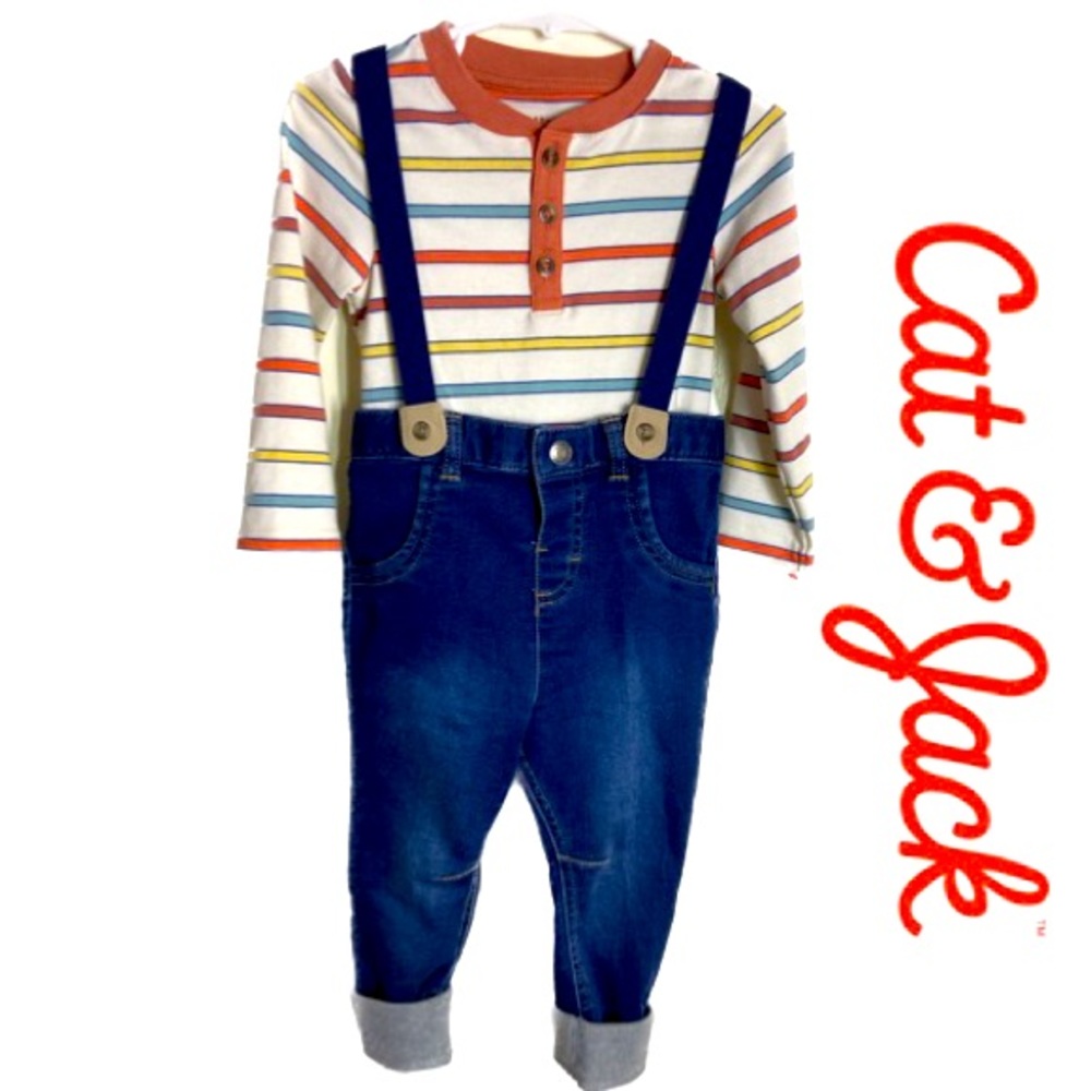 CAT & JACK Coordinating Set~Henley Bodysuit~Suspenders~Matching Joggers Size 18M